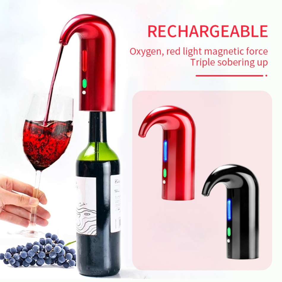 Red wine bottle opener with oxygen and red light feature, shown with a wine glass and grapes.